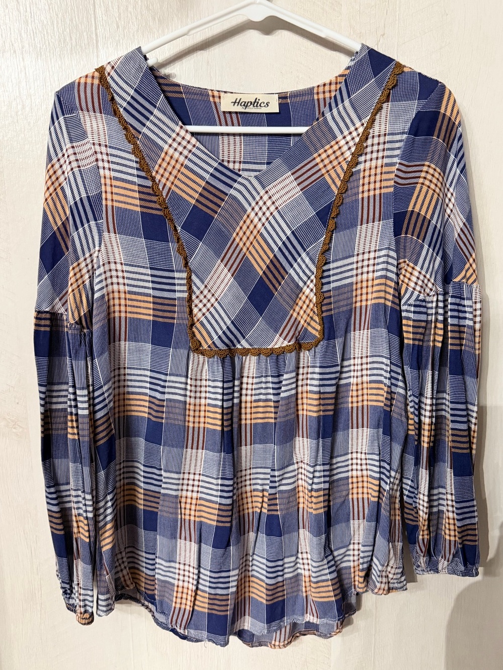 Haptics Navy and Peach Plaid V-Neck Peasant Blouse